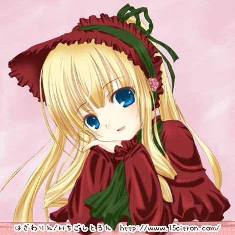 1girl :d blonde_hair blush bonnet bow bowtie dress frills green_bow green_neckwear long_hair long_sleeves looking_at_viewer lowres open_mouth pink_background red_dress rozen_maiden shinku sidelocks simple_background smile solo twintails very_long_hair