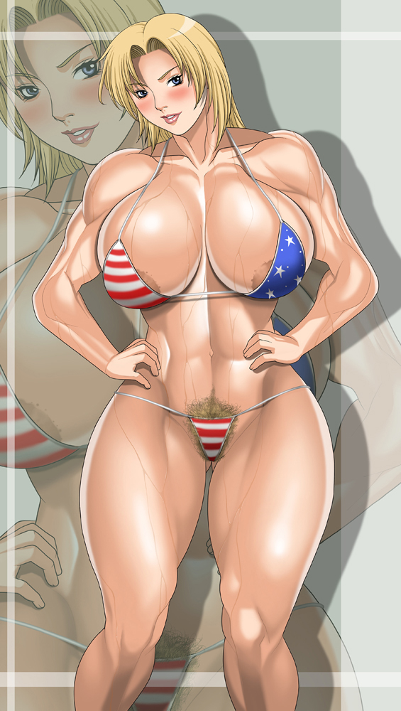 abs american_flag_bikini areola_slip areolae bikini blonde_hair blue_eyes breasts dead_or_alive double_h flag_print hands_on_hips huge_breasts muscle pubic_hair solo swimsuit tina_armstrong wet zoom_layer