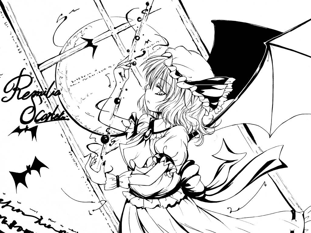 bat_wings catbell greyscale hat monochrome remilia_scarlet short_hair solo touhou wings