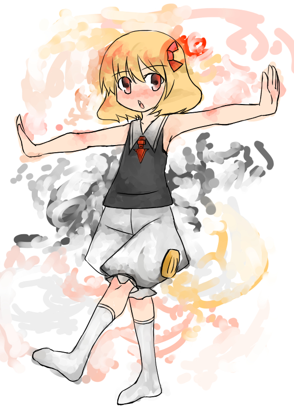 armpits bloomers hair_ribbon hands hyara outstretched_arms ribbon rumia socks solo spread_arms touhou underwear white_bloomers