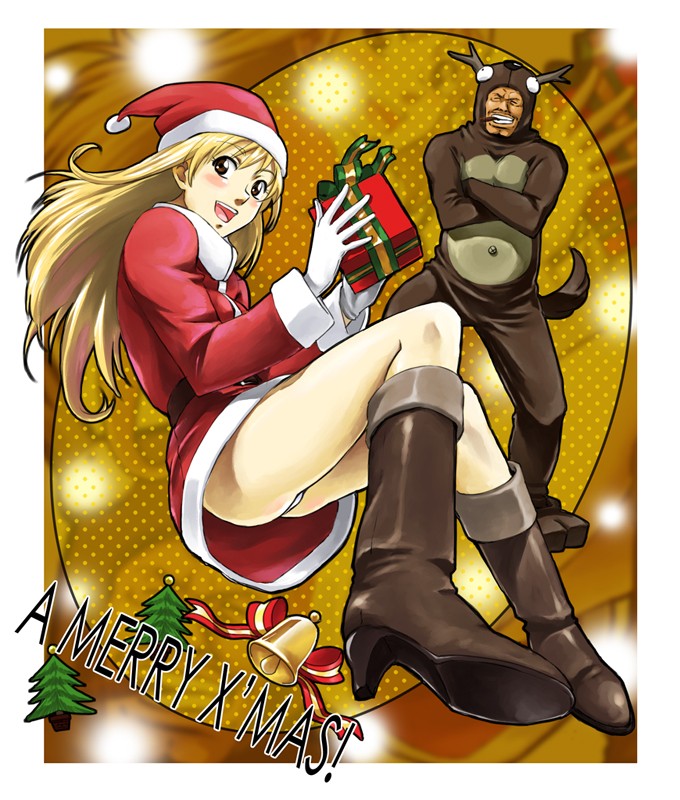 1girl artist_request ass blonde_hair blush christmas copyright_request costume long_hair reindeer santa_costume