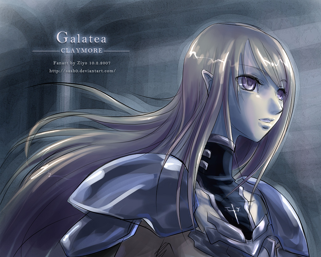 armor artist_request brown_hair claymore copyright_name dated galatea_(claymore) lips long_hair pale_skin purple_eyes shoulder_pads solo turtleneck upper_body very_long_hair