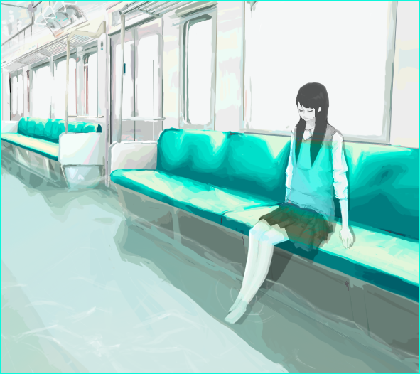 aqua arms_at_sides artist_request bare_legs barefoot black_hair contemporary flood half-closed_eyes long_hair long_sleeves looking_down miniskirt original partially_colored pleated_skirt school_uniform sitting skirt soaking_feet solo sweater_vest train_interior vanishing_point water