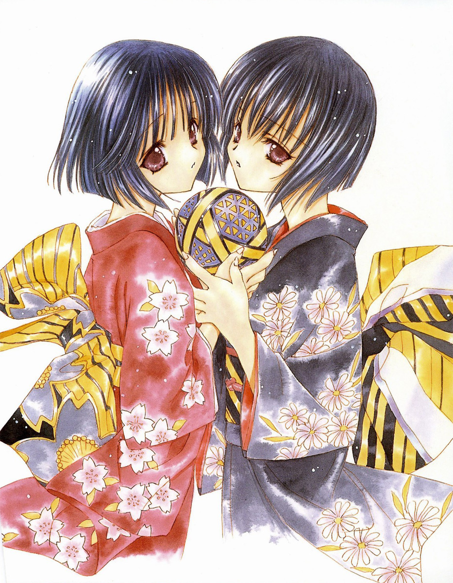 90s angel_flavor artbook bow highres japanese_clothes kimono multiple_girls murasame_sakura murasame_shion nanase_aoi seraphim_call siblings sisters twins white_background