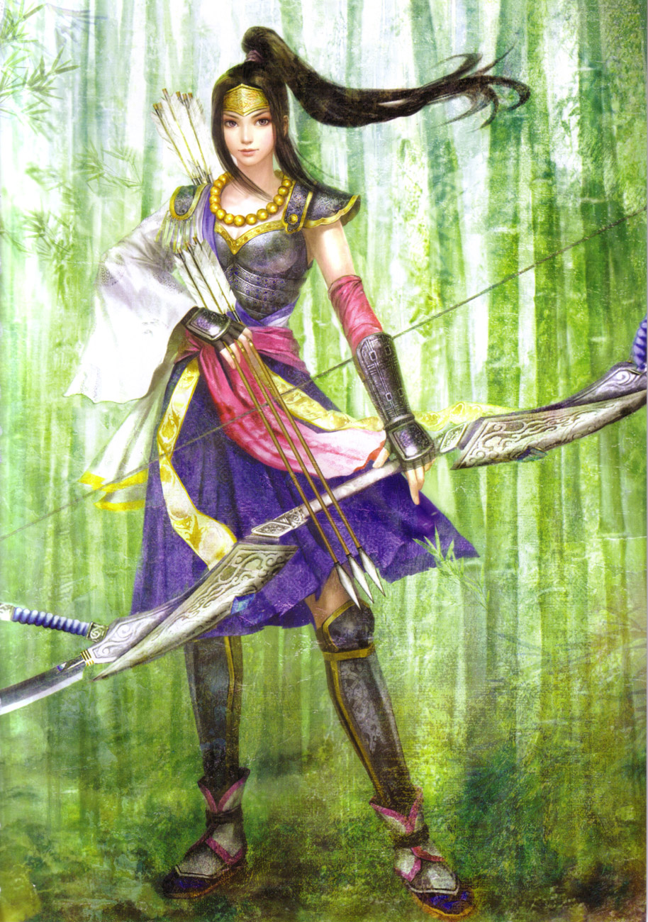 armor arrow artist_request bamboo bamboo_forest black_hair bow_(weapon) breastplate dress forest gauntlets greaves headpiece highres inahime_(sengoku_musou) nature scan sengoku_musou sengoku_musou_2 solo weapon