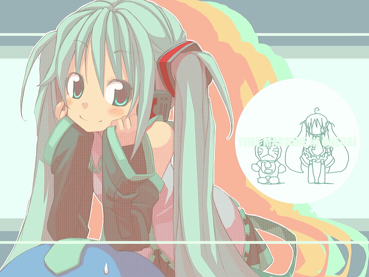 :&lt; ahoge black_skirt blush boots chibi chibi_inset collared_shirt crossover detached_sleeves doraemon doraemon_(character) elbow_rest eyebrows_visible_through_hair frills green_hair grey_shirt hair_between_eyes hair_ornament hands_on_own_cheeks hands_on_own_face hatsune_miku head_rest headphones kuro_(kuroneko_no_kanzume) leaning_forward leaning_on_person long_hair looking_at_viewer miniskirt necktie out_of_frame pleated_skirt shirt silhouette skirt smile sweatdrop twintails vocaloid