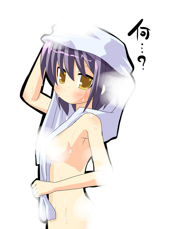 ? armpits bangs blush breasts convenient_censoring dripping eyebrows from_side hand_on_own_head hujikok looking_at_viewer nagato_yuki nude purple_hair short_hair simple_background solo steam steam_censor suzumiya_haruhi_no_yuuutsu towel towel_on_head upper_body wet wet_hair white_background yellow_eyes