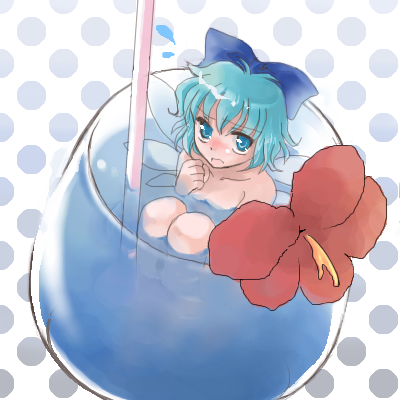 blue_eyes blue_hair blue_hawaii blush bow cirno coco_(artist) cup drink drinking_straw flower from_above in_container in_cup lowres minigirl mundane_utility open_mouth solo touhou tropical_drink