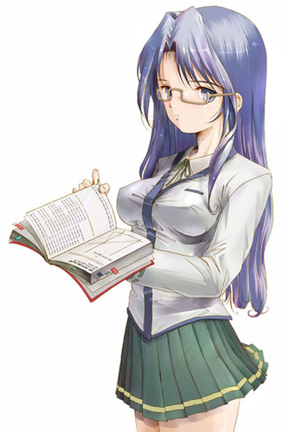 blue_eyes blue_hair book copyright_request glasses long_hair school_uniform solo yurikuta_tsukumi