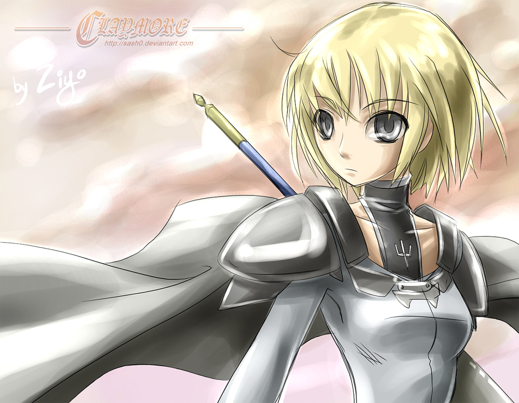 blonde_hair cape clare_(claymore) claymore pauldrons polearm short_hair solo weapon ziyo_ling