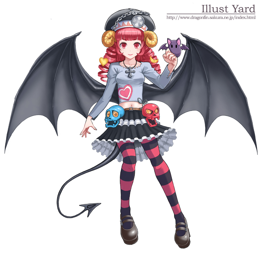 bat_wings copyright_request demon_tail horns pantyhose red_eyes red_hair solo striped tail thighhighs wings yuugiri