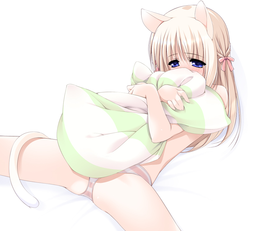 animal_ears blue_eyes blush cat_ears cat_tail copyright_request embarrassed ooji panties pillow ribbon solo spread_legs striped striped_panties tail twintails underwear