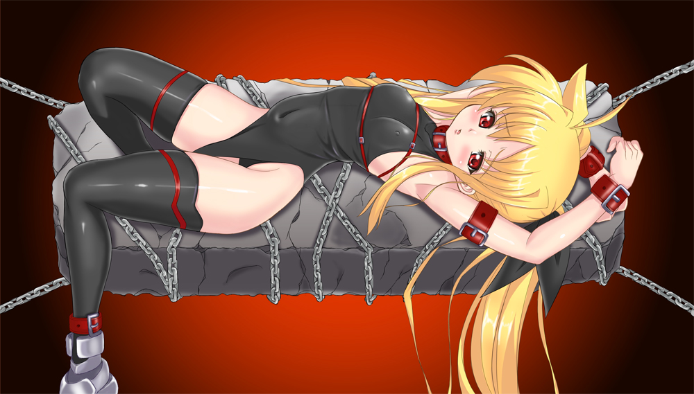 :o ahoge ankle_boots armor arms_up bangs bdsm blonde_hair blush bondage boots bound breasts buckle chain collar covered_navel covered_nipples crack cuffs fate_testarossa from_side gradient gradient_background greaves groin highleg highleg_leotard leotard loincloth long_hair looking_at_viewer lying lyrical_nanoha mahou_shoujo_lyrical_nanoha nagii on_back open_mouth parted_bangs red_background red_eyes rock sidelocks small_breasts solo thighhighs twintails very_long_hair