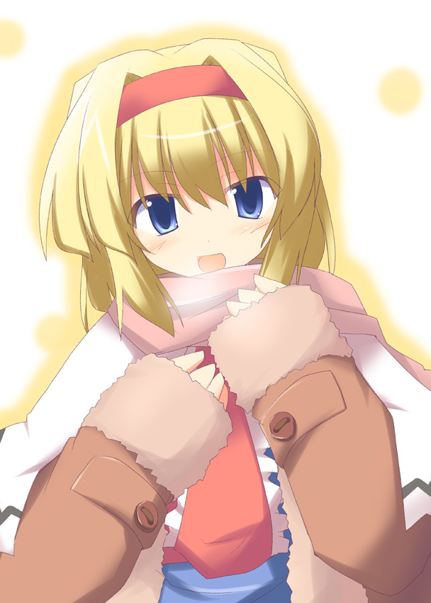 :d alice_margatroid blonde_hair blue_eyes coat fur_trim kugui_kiyunemu long_sleeves looking_at_viewer necktie open_mouth red_neckwear red_scarf scarf short_hair simple_background smile solo touhou uppercut white_background winter_clothes winter_coat