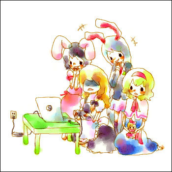 alice_margatroid animal_ears blonde_hair bunny_ears inaba_tewi kirisame_marisa lowres mana_(artist) multiple_girls reisen_udongein_inaba touhou