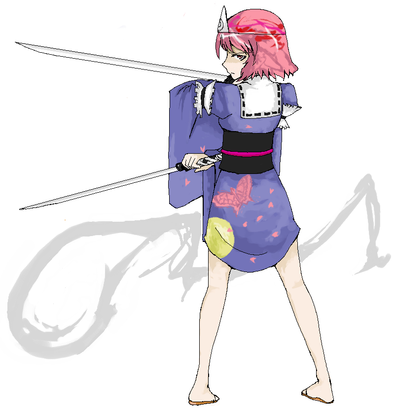 dual_wielding from_behind holding hyara looking_back oekaki pink_eyes pink_hair saigyouji_yuyuko solo sword touhou weapon