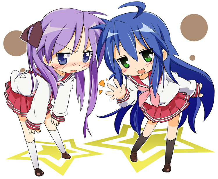 blue_eyes blue_hair blush green_eyes hiiragi_kagami ixy izumi_konata long_hair lucky_star mole mole_under_eye multiple_girls purple_hair ryouou_school_uniform school_uniform serafuku