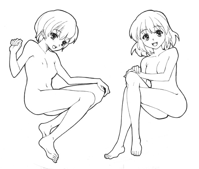barefoot copyright_request crossed_legs feet flat_chest greyscale monochrome multiple_girls nude oryou sitting