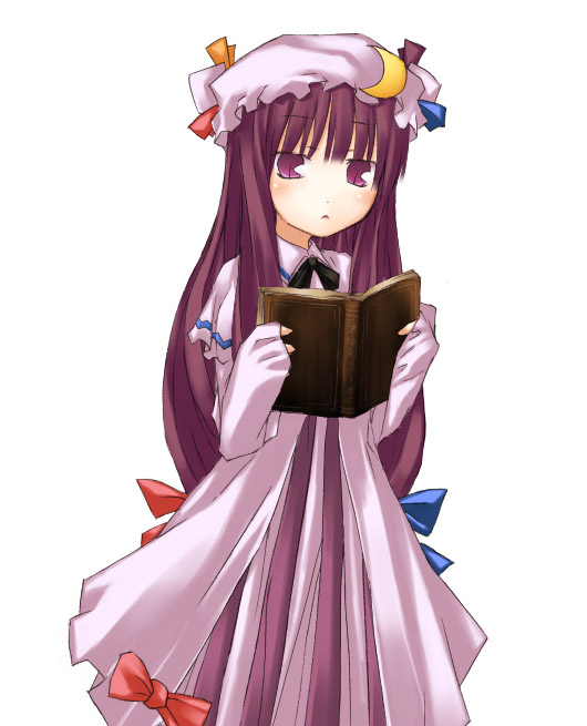 book bow crescent hat long_hair nu_(plastic_eraser) open_book patchouli_knowledge pink_bow purple_eyes purple_hair reading sleeves_past_wrists solo touhou