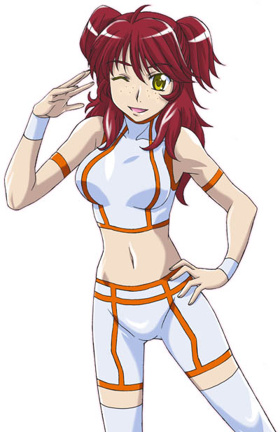 ;d freckles gundam gundam_00 midriff mikage_nao nena_trinity one_eye_closed open_mouth red_hair shorts smile solo thighhighs two_side_up v yellow_eyes