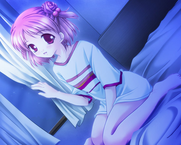 :d barefoot bed blush bottomless curtains dark double_bun dutch_angle ever_17 feet flat_chest hair_bobbles hair_ornament indoors min night night_sky open_mouth pink_eyes pink_hair shirt short_hair short_twintails sitting sky smile solo striped striped_shirt twintails window yagami_coco
