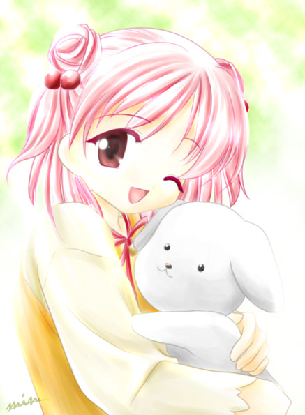 :3 ;d bell dog double_bun ever_17 flat_chest fog hair_bobbles hair_ornament holding hug jingle_bell min one_eye_closed open_mouth pink_eyes pink_hair puppy raglan_sleeves ribbon short_hair short_twintails signature smile solo twintails yagami_coco