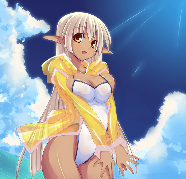 breast_squeeze breasts cloud covered_nipples curvy dark_skin day elf highleg highleg_swimsuit large_breasts long_hair ocean one-piece_swimsuit original outdoors pointy_ears see-through shimakaze sky solo summer swimsuit tan thighs water white_hair yellow_eyes
