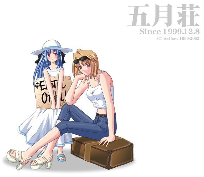 arcueid_brunestud arm_support artist_name blonde_hair blue_hair dress eyewear_on_head hat len long_hair melty_blood multiple_girls pointy_ears red_eyes short_hair sitting sundress sunglasses toshibou_(satsukisou) tsukihime white_dress