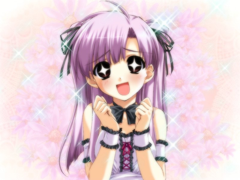 1girl :d artist_request blush boy_meets_girl breasts brown_eyes long_hair open_mouth purple_hair ribbon shingyouji_mao small_breasts smile solo sparkle two_side_up