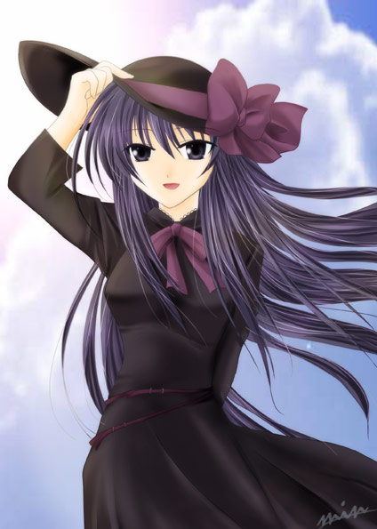 :d arm_up belt blue_eyes blue_hair bow bowtie cloud day dress ever_17 gothic hat komachi_tsugumi lace long_hair min open_mouth outdoors signature sky smile solo standing sun_hat very_long_hair wind