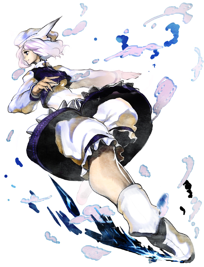 apron bloomers blue_dress dress frills from_below full_body hat leg_up letty_whiterock long_sleeves mob_cap pink_hair short_hair silver_hair simple_background solo standing standing_on_one_leg touhou underwear upskirt usapiyo waist_apron white_background white_bloomers