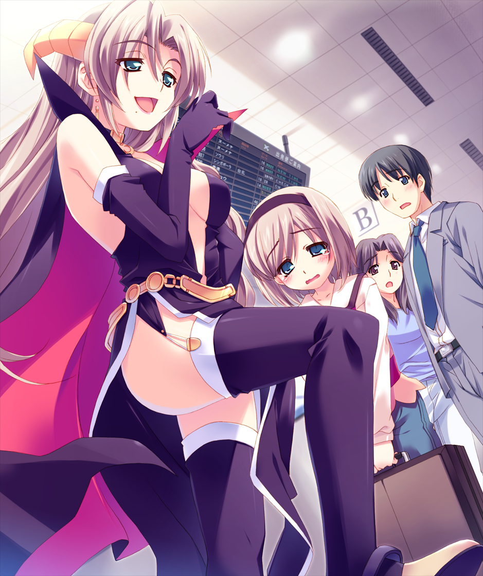 2girls :d airport aqua_eyes boots brother_and_sister cape christof_clement claudia_clement collar earrings elbow_gloves game_cg gloves green_eyes hairband horns jewelry kusukusu long_hair luggage mole mole_under_mouth multiple_boys multiple_girls open_mouth otoko_no_ko sakura_strasse siblings smile tears thighhighs wavy_mouth witch
