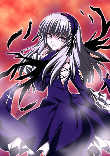 backless_dress backless_outfit black_wings blue_dress dress expressionless from_behind looking_at_viewer looking_back lowres midori_(searchlight) pink_eyes rozen_maiden shaded_face silver_hair solo suigintou wings