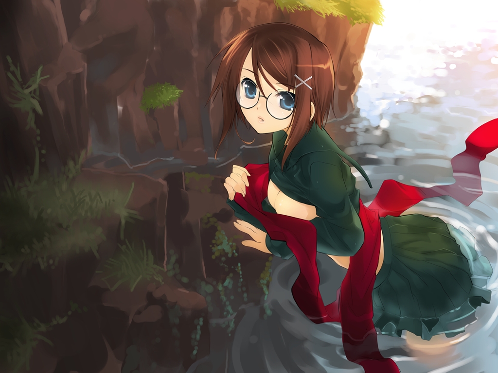 against_wall artist_request bangs blue_eyes breasts brown_hair cartagra cleavage glasses grass hair_ornament hairclip large_breasts leaning_forward midriff nature no_bra open_mouth outdoors parted_bangs pleated_skirt red_scarf rock scarf school_uniform shirt_lift short_hair skirt solo standing takashiro_nana wading wallpaper water wet wet_clothes