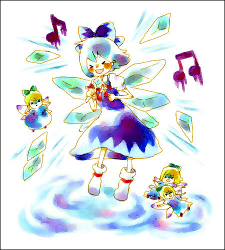 blonde_hair blue_bow blue_dress blue_eyes blue_hair blush bow breasts cirno dress fairy flying hair_bow ice ice_wings lowres mana_(artist) puffy_short_sleeves puffy_sleeves short_sleeves small_breasts solo touhou wings