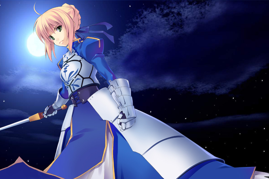 ahoge armor armored_dress artoria_pendragon_(all) azu blonde_hair cloud dress excalibur fate/stay_night fate_(series) faulds full_moon gauntlets green_eyes hair_ribbon juliet_sleeves long_sleeves moon night puffy_sleeves ribbon saber sky solo sword weapon