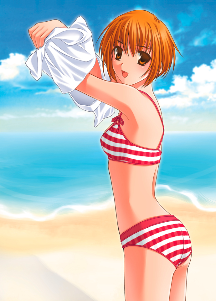 artist_request beach bikini cloud day ever_17 orange_eyes orange_hair outdoors solo striped striped_bikini swimsuit tanaka_yubiseiharukana undressing