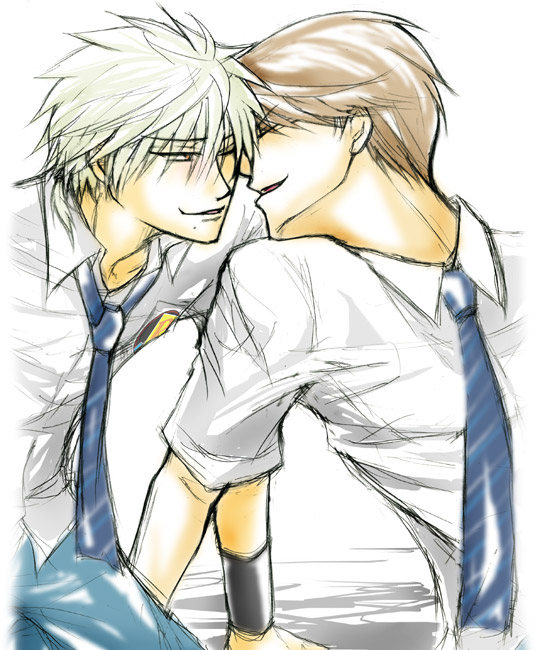 :d armlet artist_request blue_neckwear brown_hair collared_shirt dress_shirt male_focus multiple_boys necktie open_mouth shirt short_sleeves silver_hair simple_background smile tennis_no_ouji-sama upper_body white_background yaoi