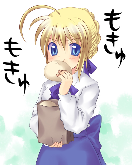 ahoge artist_request artoria_pendragon_(all) blonde_hair blouse blue_eyes eating fate/stay_night fate_(series) food saber solo