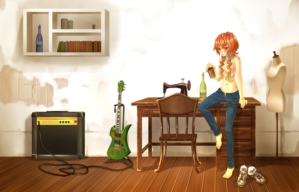 amplifier barefoot denim guitar instrument jeans long_hair no_bra open_fly original pants red_hair shoes solo terumii topless twintails unzipped