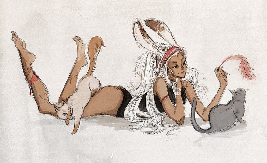 animal_ears arm_support artist_request barefoot bunny_ears cat feathers feet final_fantasy legs_up long_hair lying on_stomach one-piece_swimsuit sketch soles solo swimsuit toe-point viera white_hair
