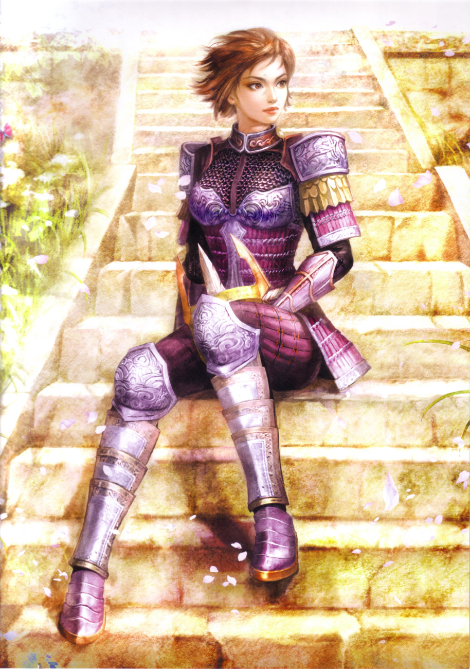 armor artist_request brown_eyes brown_hair chainmail cherry_blossoms gauntlets greaves highres lips official_art petals scan sengoku_musou sengoku_musou_2 short_hair sitting sitting_on_stairs solo stairs tachibana_ginchiyo wind