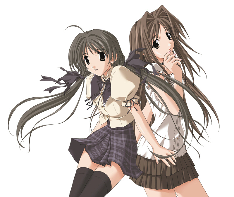 ahoge back-to-back black_legwear brown_eyes brown_hair grey_eyes grey_hair hair_intakes hair_ribbon long_hair memories_off memories_off_2nd multiple_girls plaid plaid_skirt ribbon sasaki_mutsumi school_uniform shirakawa_hotaru shirakawa_shizuru skirt smile thighhighs twintails zettai_ryouiki