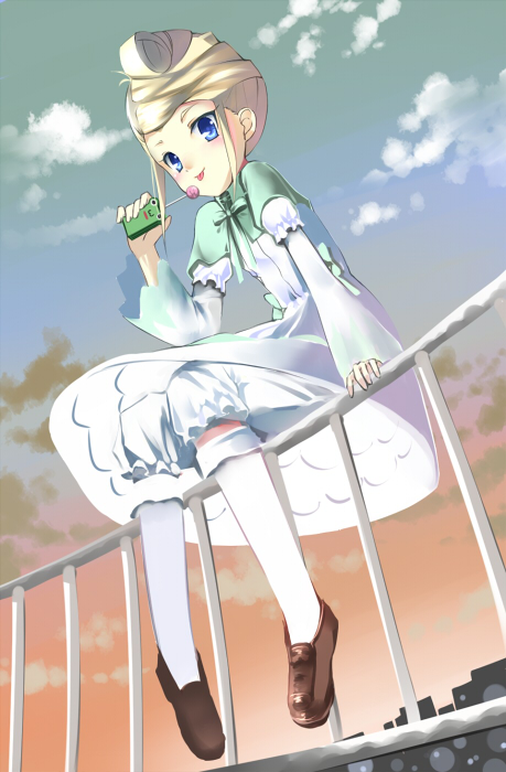 :p arm_support blonde_hair blue_eyes blush brown_footwear building candy capelet cloud dress food frilled_sleeves frills from_below full_body hat holding idolmaster idolmaster_xenoglossia kneehighs lollipop long_hair looking_at_viewer neck_ribbon outdoors railing ribbon riffa sho_(runatic_moon) shoes shorts sitting sky smile solo tongue tongue_out twilight upskirt white_shorts