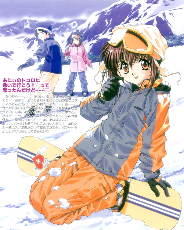 2girls :d beanie black_gloves blue_coat brown_eyes brown_hair coat full_body gloves goggles goggles_on_head hat long_sleeves looking_at_viewer mamoru_(sister_princess) mountain multiple_girls open_mouth pants pink_coat riding sister_princess smile snow snowboard sportswear standing tenhiro_naoto winter_clothes winter_coat