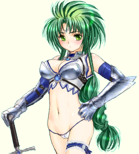 armor bikini_armor green_hair imageboard_colors jochuu-san lowres oekaki original solo yagisaka_seto