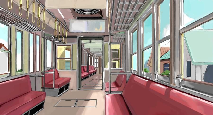 copyright_request indoors no_humans scenery train_interior vanishing_point