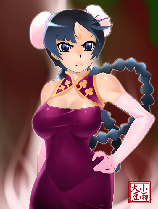 black_hair blue_eyes breasts bun_cover china_dress chinese_clothes cleavage cleavage_cutout double_bun dress elbow_gloves gloves gundam gundam_00 hand_on_hip kosame_daizu large_breasts looking_at_viewer pink_gloves red_dress serious solo wang_liu_mei