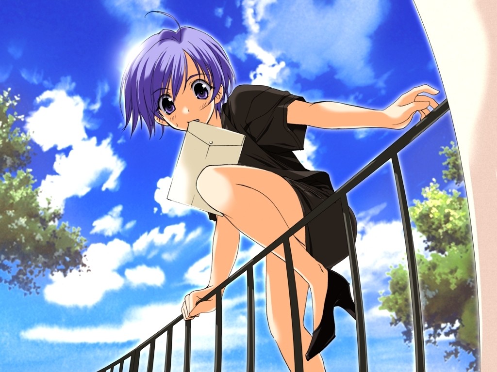 blue_eyes blue_hair cloud cropped day envelope fence gokajou_satsuki happy_lesson high_heels letter manila_envelope mouth_hold sasaki_mutsumi shoes short_hair sky solo wallpaper