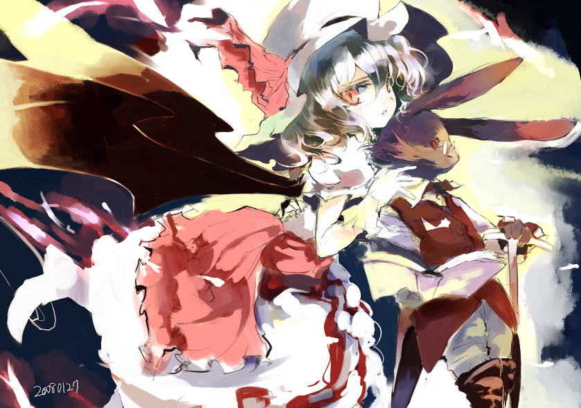 animal bunny creature dress furry looking_at_viewer pants puffy_short_sleeves puffy_sleeves red_dress red_eyes remilia_scarlet short_hair short_sleeves shunsei_(muratou) silver_hair solo touhou white_dress